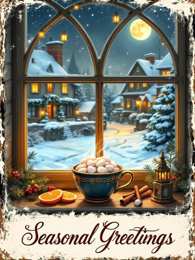 Vintage Christmas Postcard Scene in Classic Americana Style