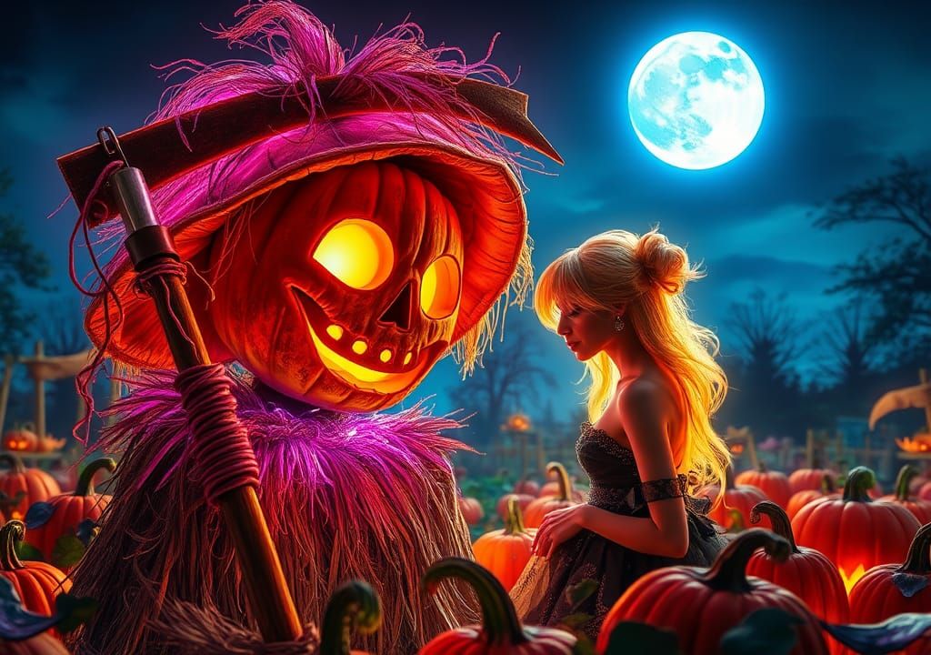 Luminescent Scarecrow Jack-O'-Lantern in Ethereal Digital Ar...