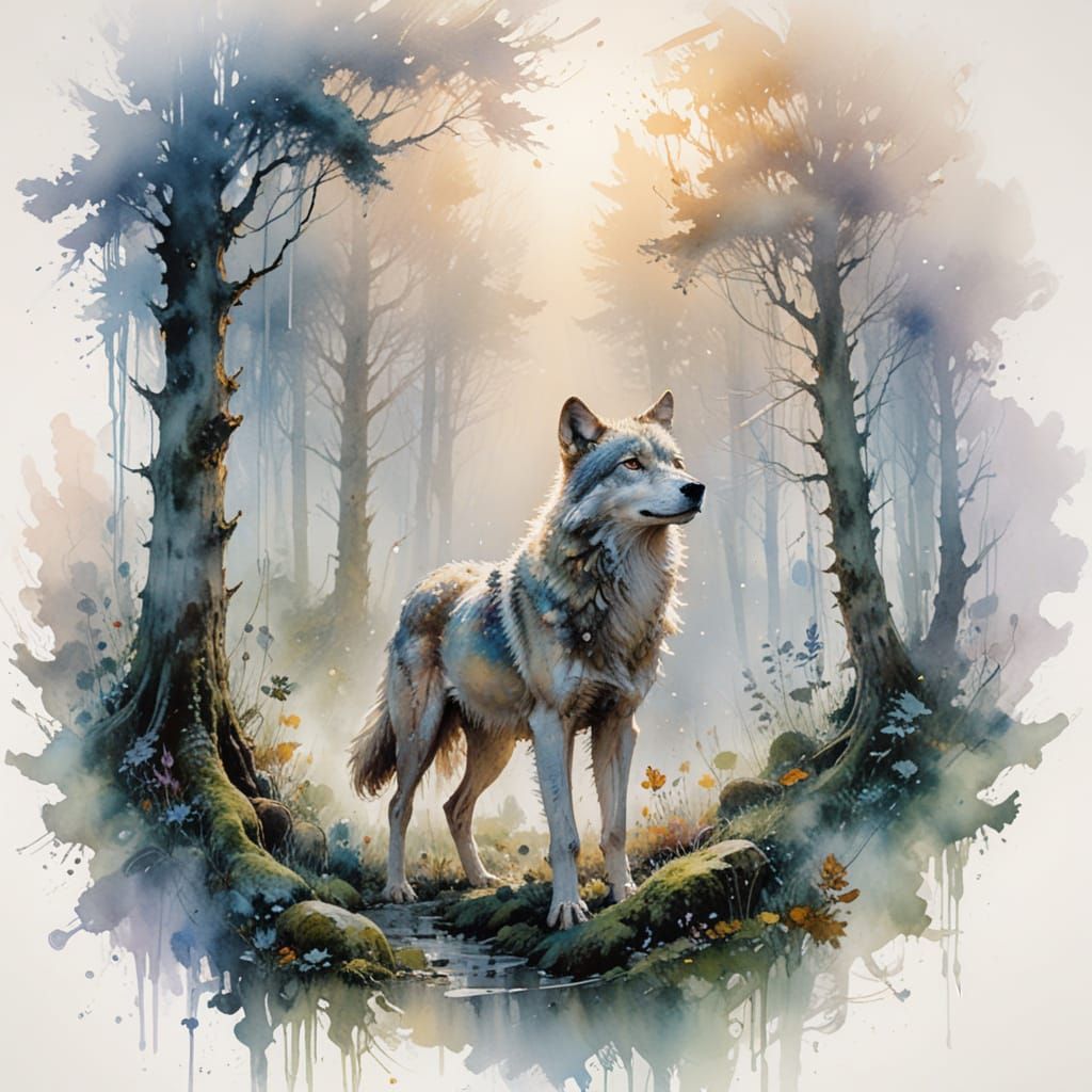 Mystical Wolf in Enchanted Forest at Dawn