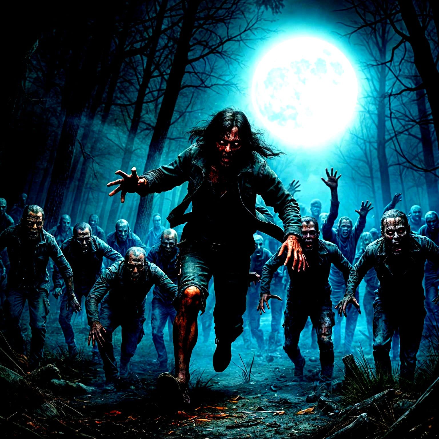 Man Overrun by Zombies in Dark Woods under Full Moon
