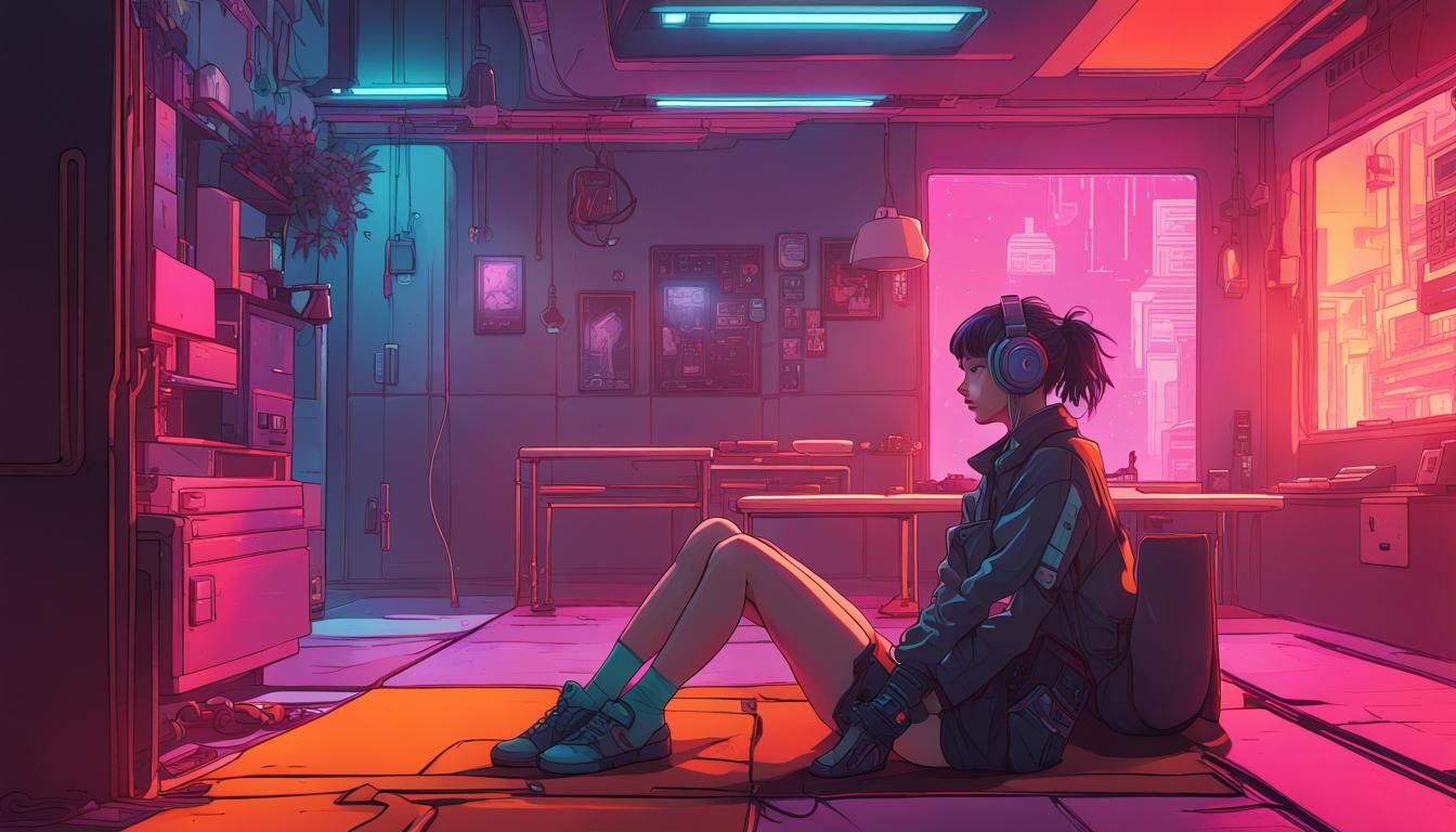 Cyborg Girl Daydreaming in Cyberpunk Anime Style