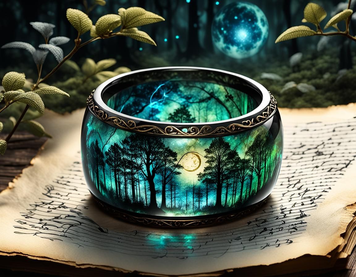 Luminescent Elven Ring on Parchment in Dark Forest