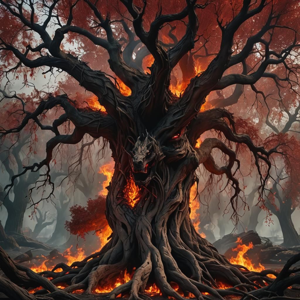 Fiery Dragon Willow Tree in Dark Fantasy Style