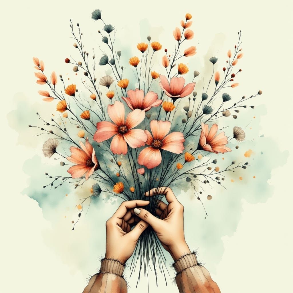 Muted Watercolor Wildflower Bouquet Held by Soft Focus Hands