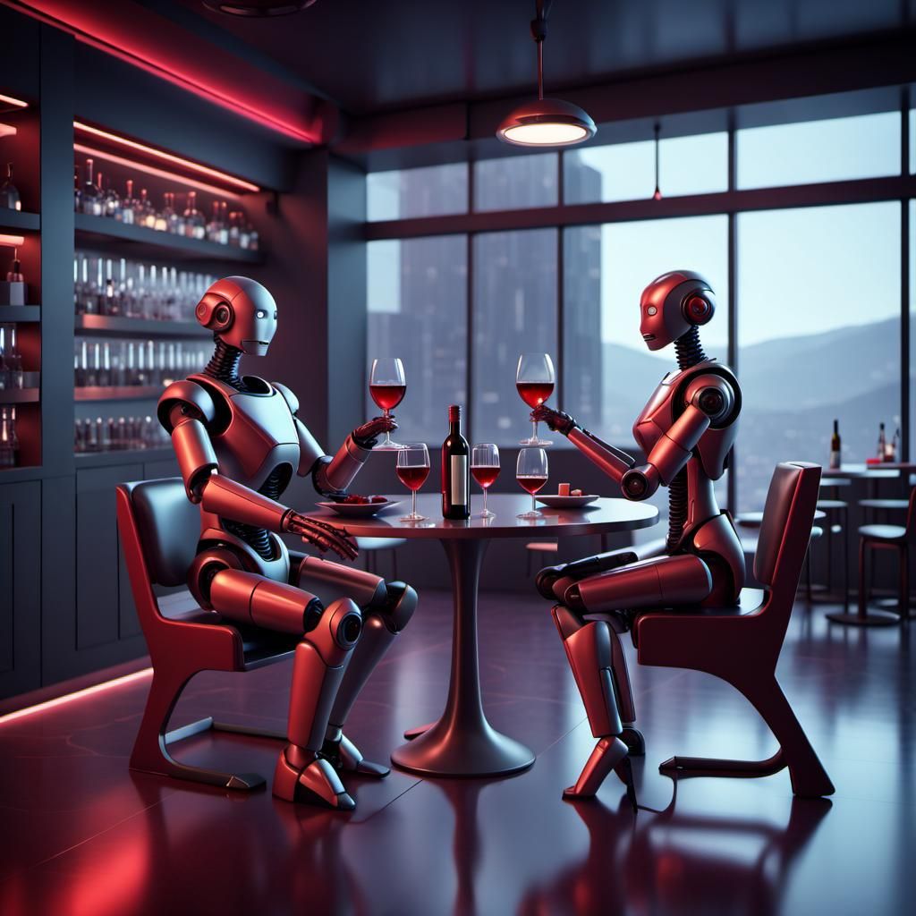 Robots on a Romantic Date in Sci-Fi Restaurant