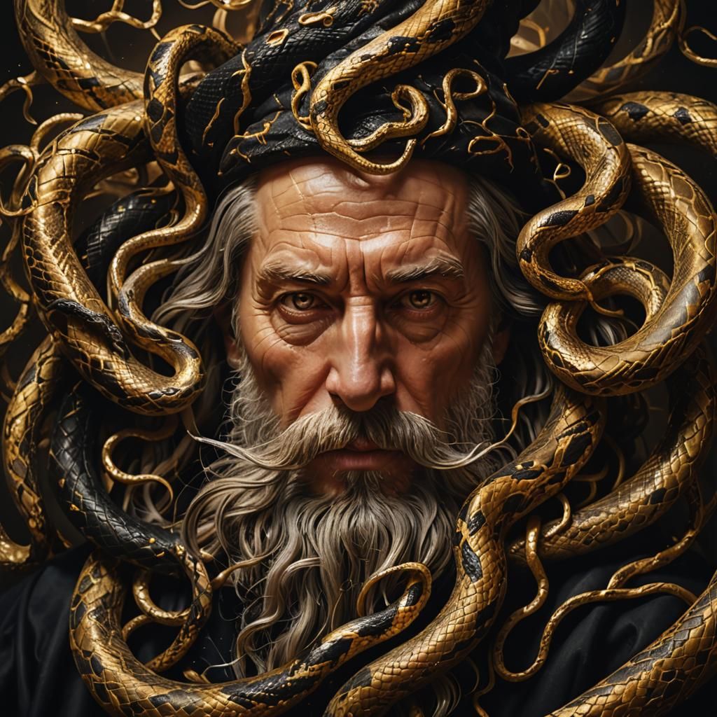 Surreal Wizard with Snake Beard in Dark Fantasy Style