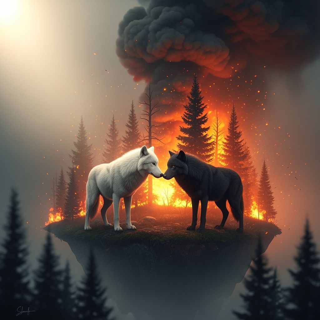 Wolves in a Burning Forest, in a Digital Art Style