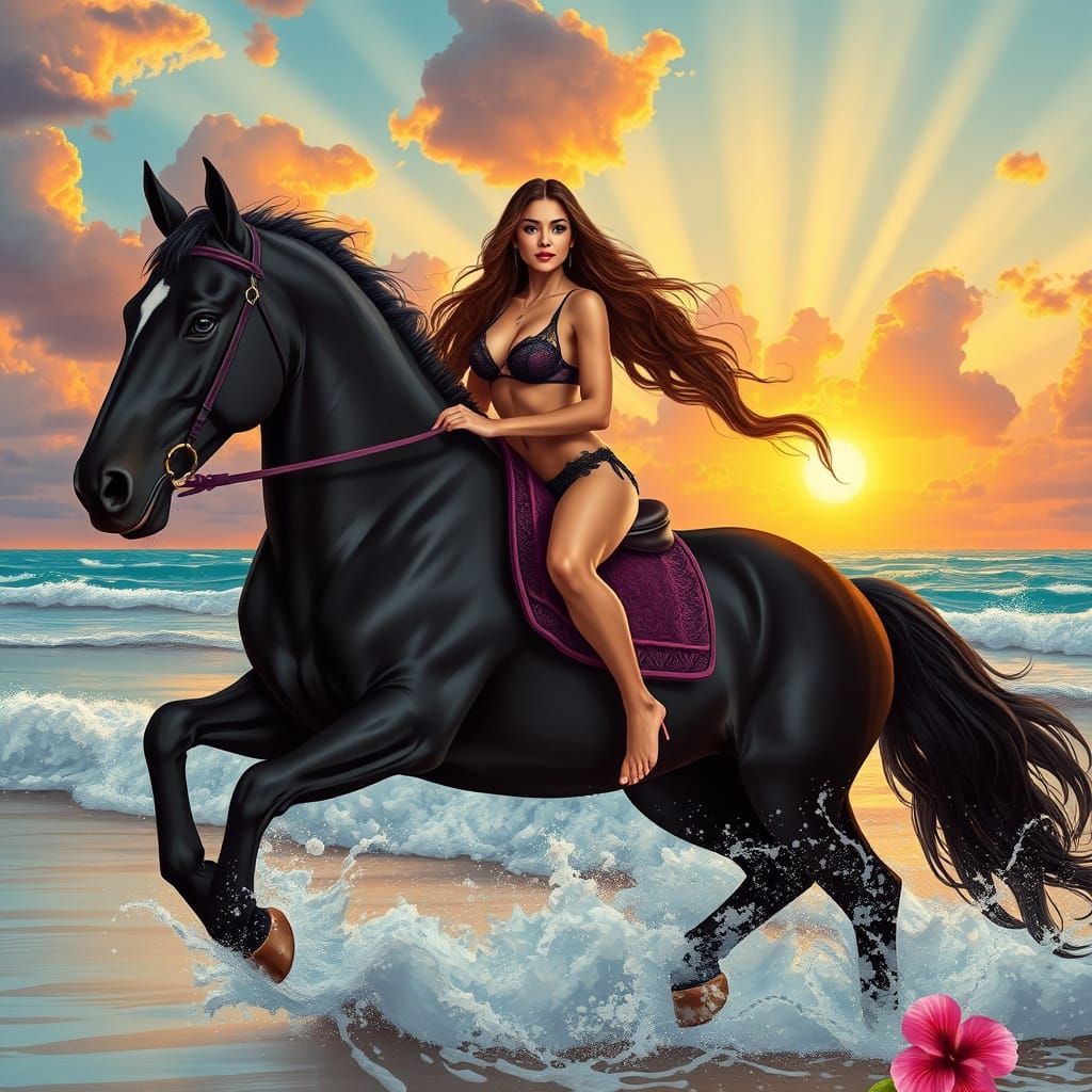 Elegant Woman Rides Majestic Black Stallion Along Beach in S...