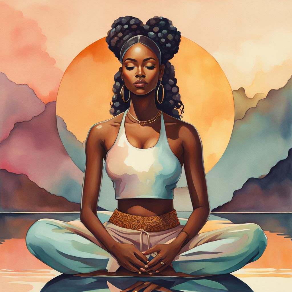 Serene African Woman Meditating in Watercolor Fantasy Art