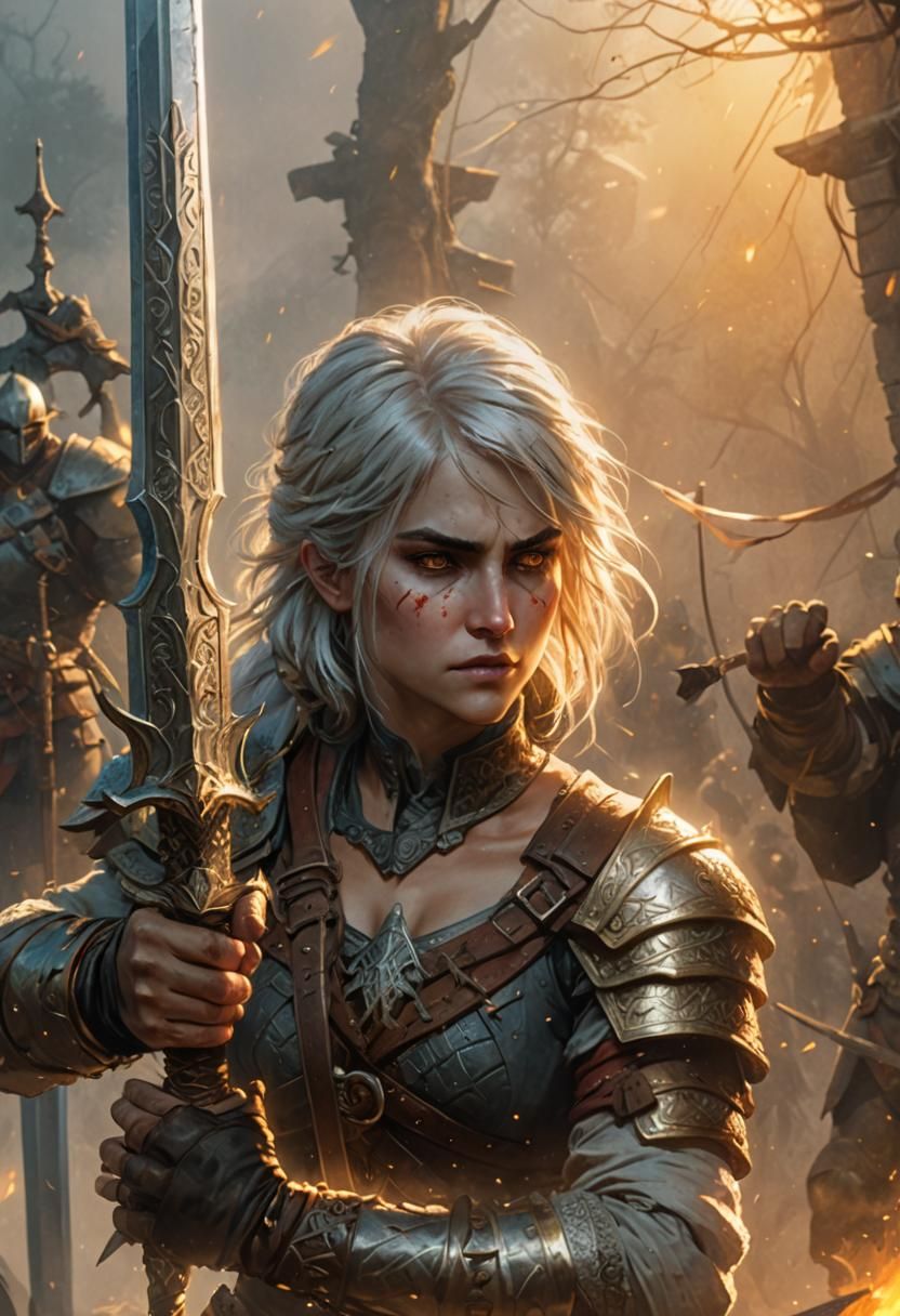 Cirilla in Dynamic Heroic Pose: Digital Fantasy Art
