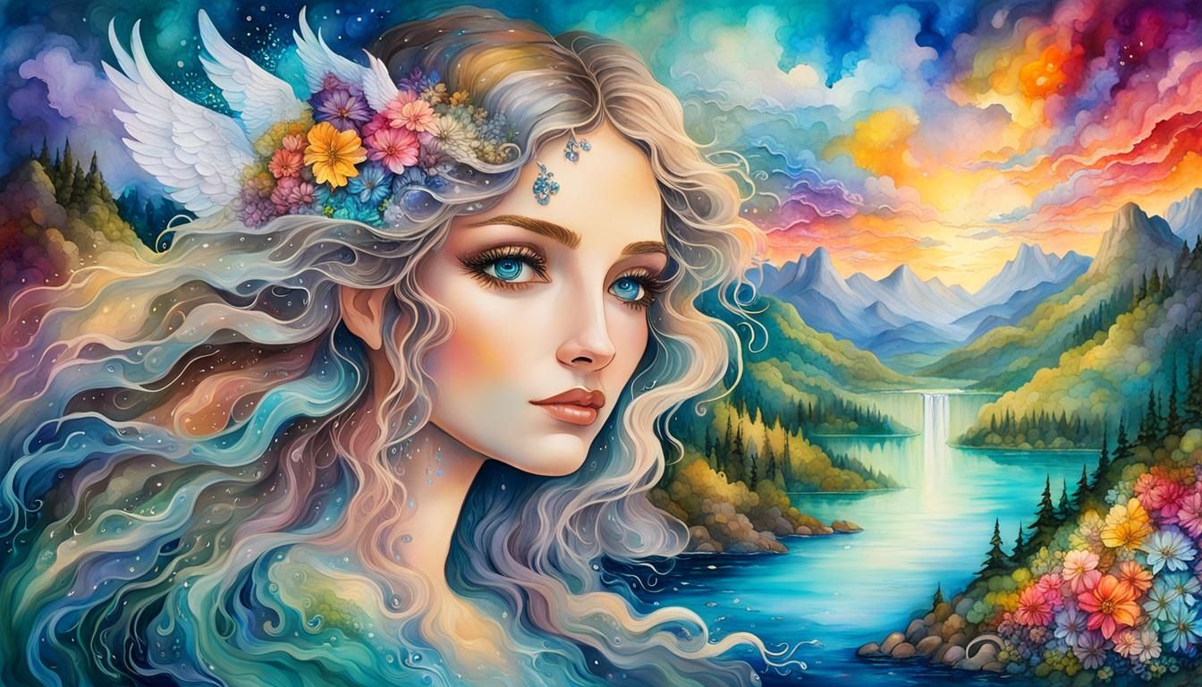 Angelic Woman in Vibrant Alcohol Ink Landscape