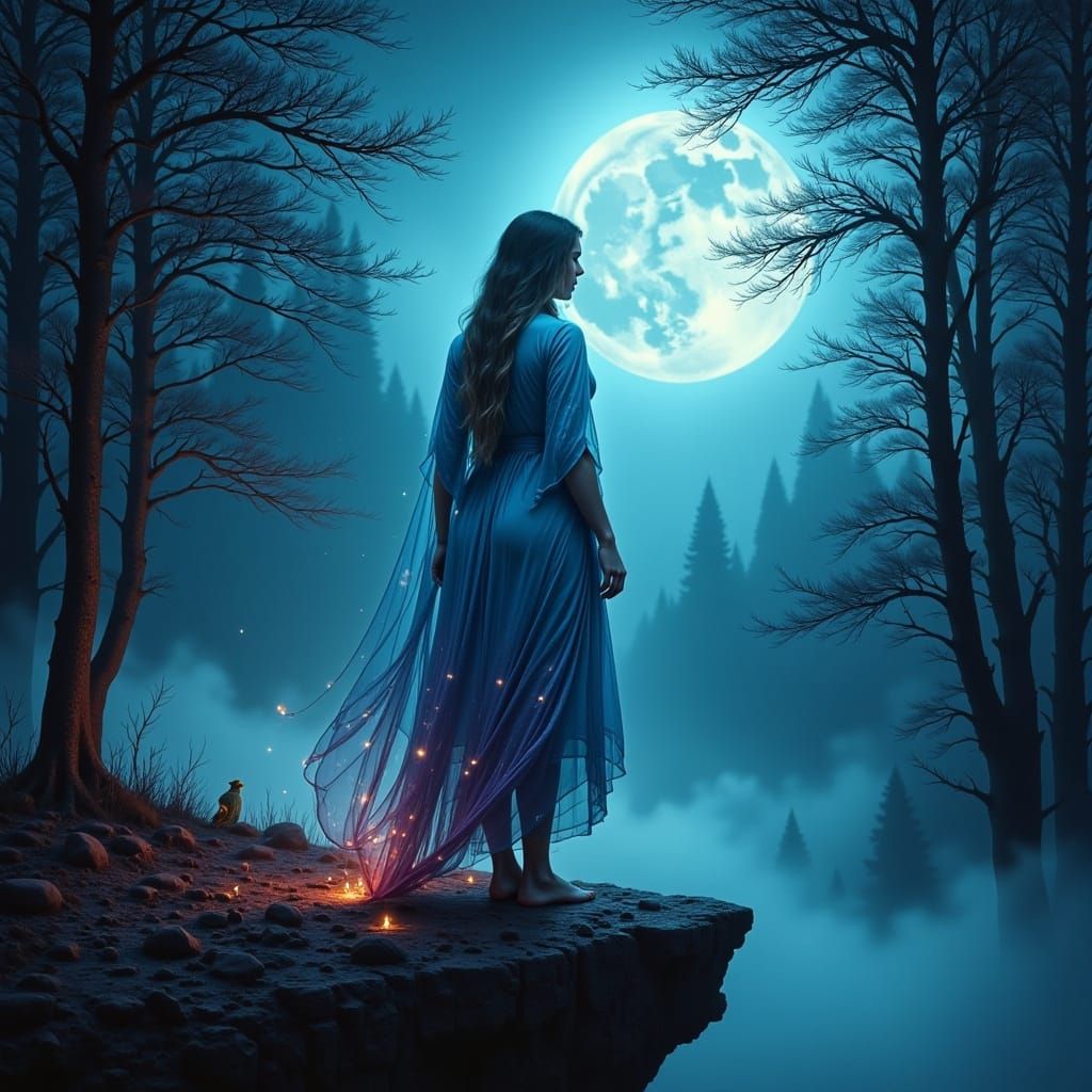 Mystical Woman on Moonlit Cliff in Surreal Style