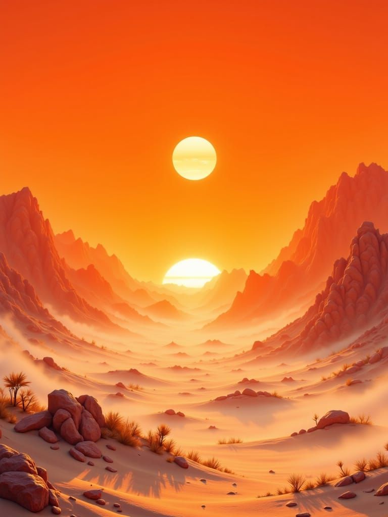 Utopian World with Retro-Futuristic Vehicles in Orange Light