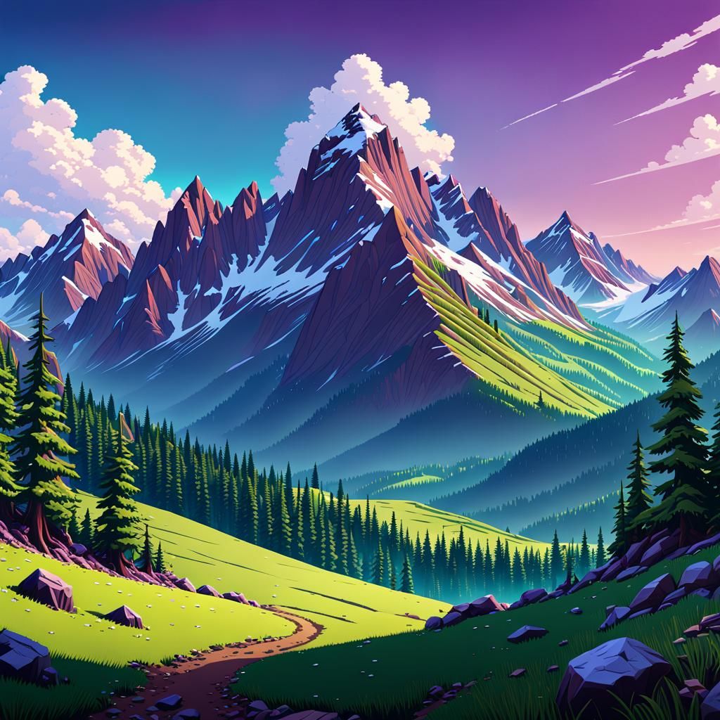 Rocky Mountain Pixel Art Landscape with Gradient Sky