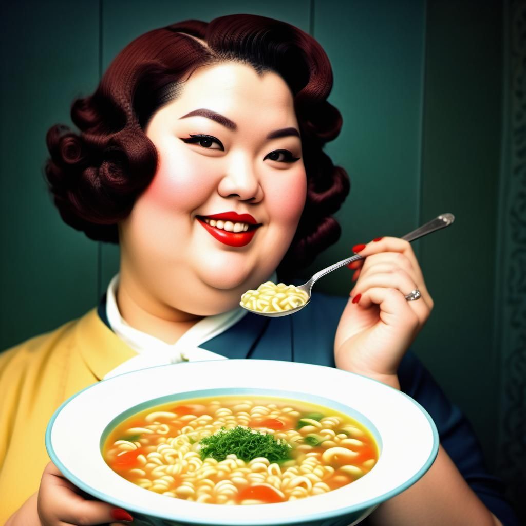 Curvy Girl with Soup in 1950s Pin-Up Style