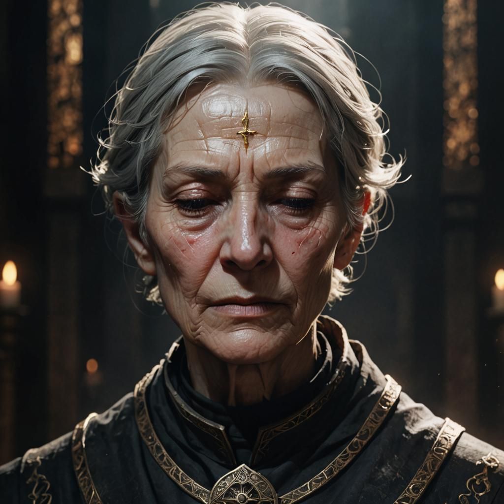 Old Female Cleric Portrait in Dark Temple