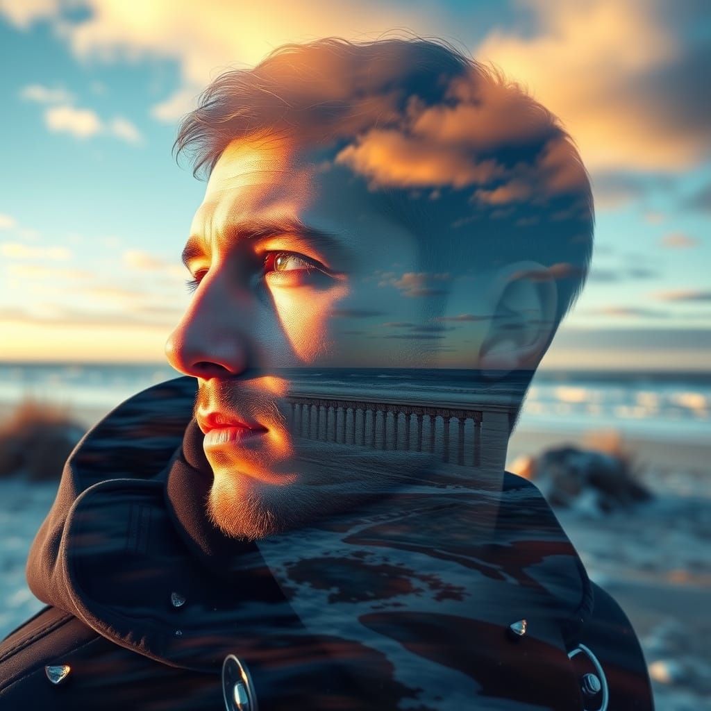 Semi-Alpha Figure Amidst Winters Beach Landscape in Hyperrea...