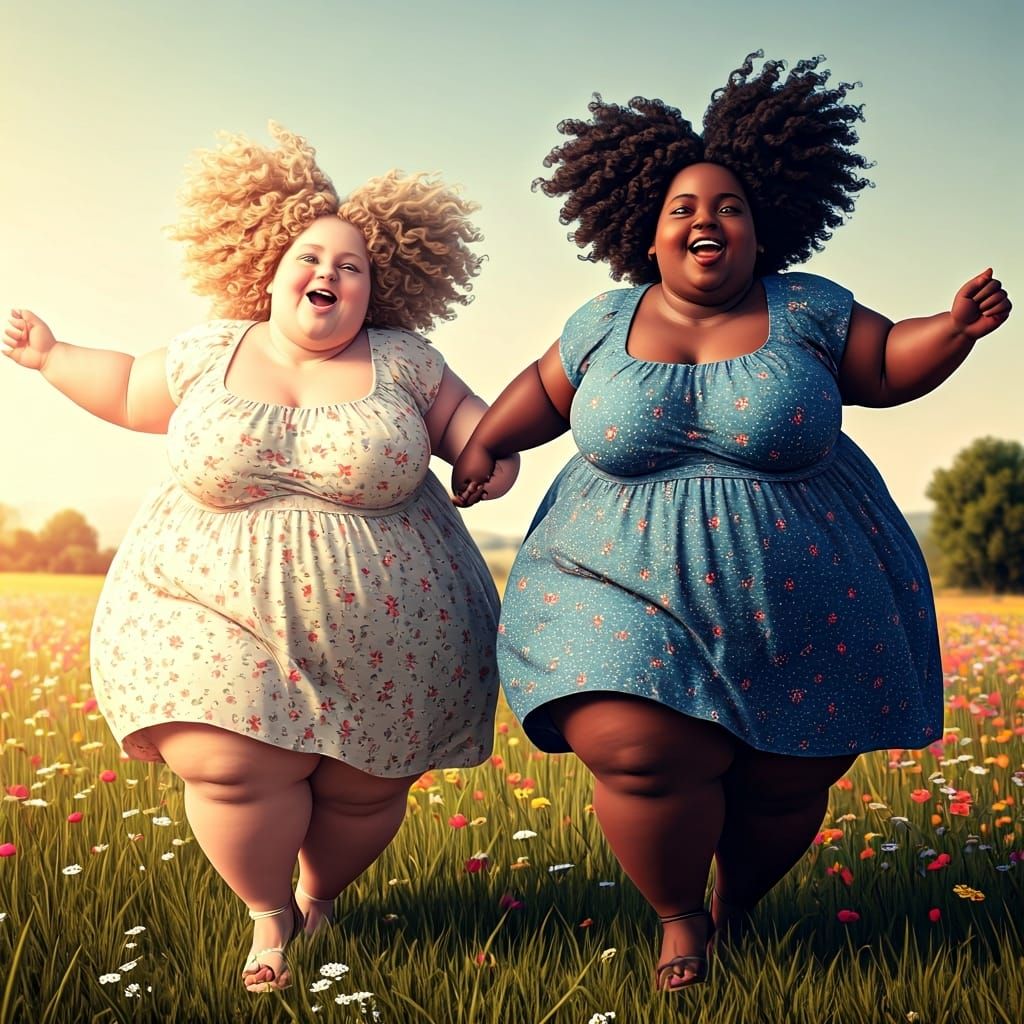 Two Cheerful Girls in Summer Field, Hyper-Detailed