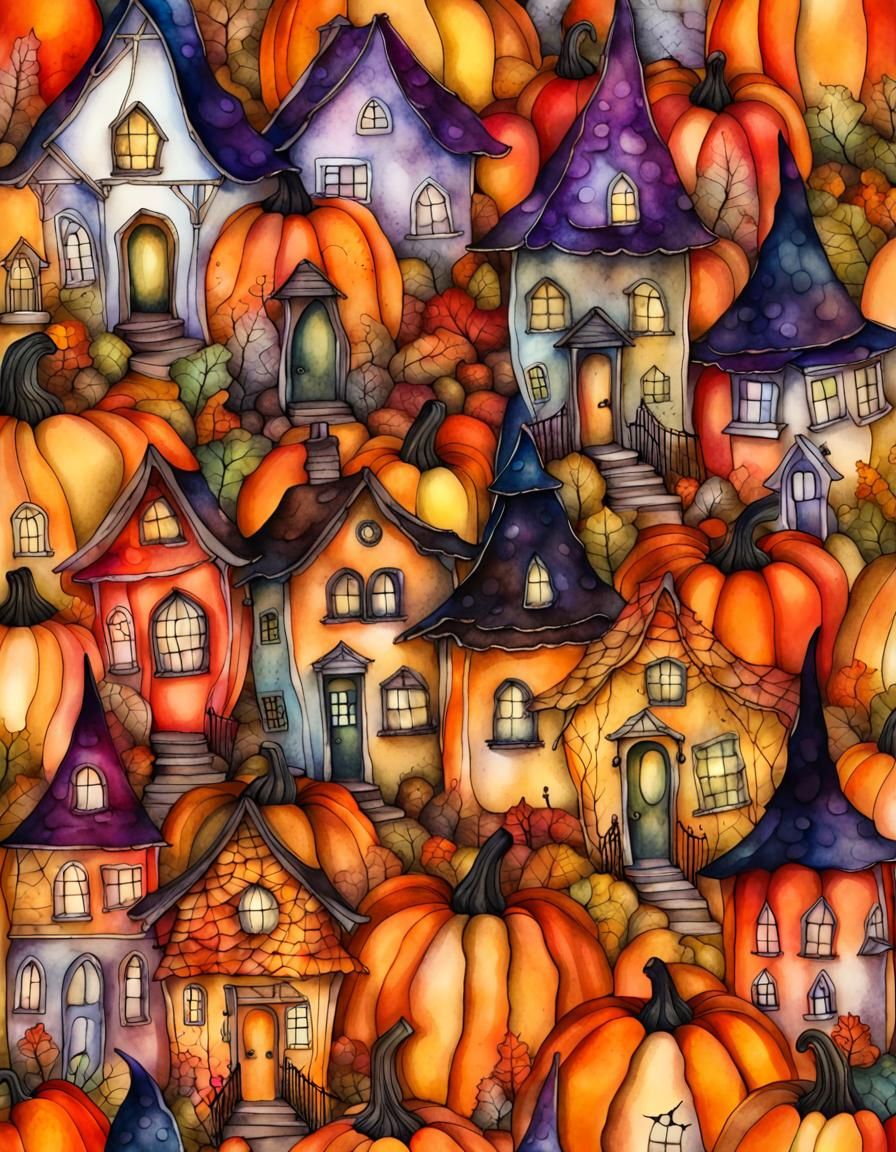 Halloween Village: Whimsical Alcohol Ink Pumpkin Houses