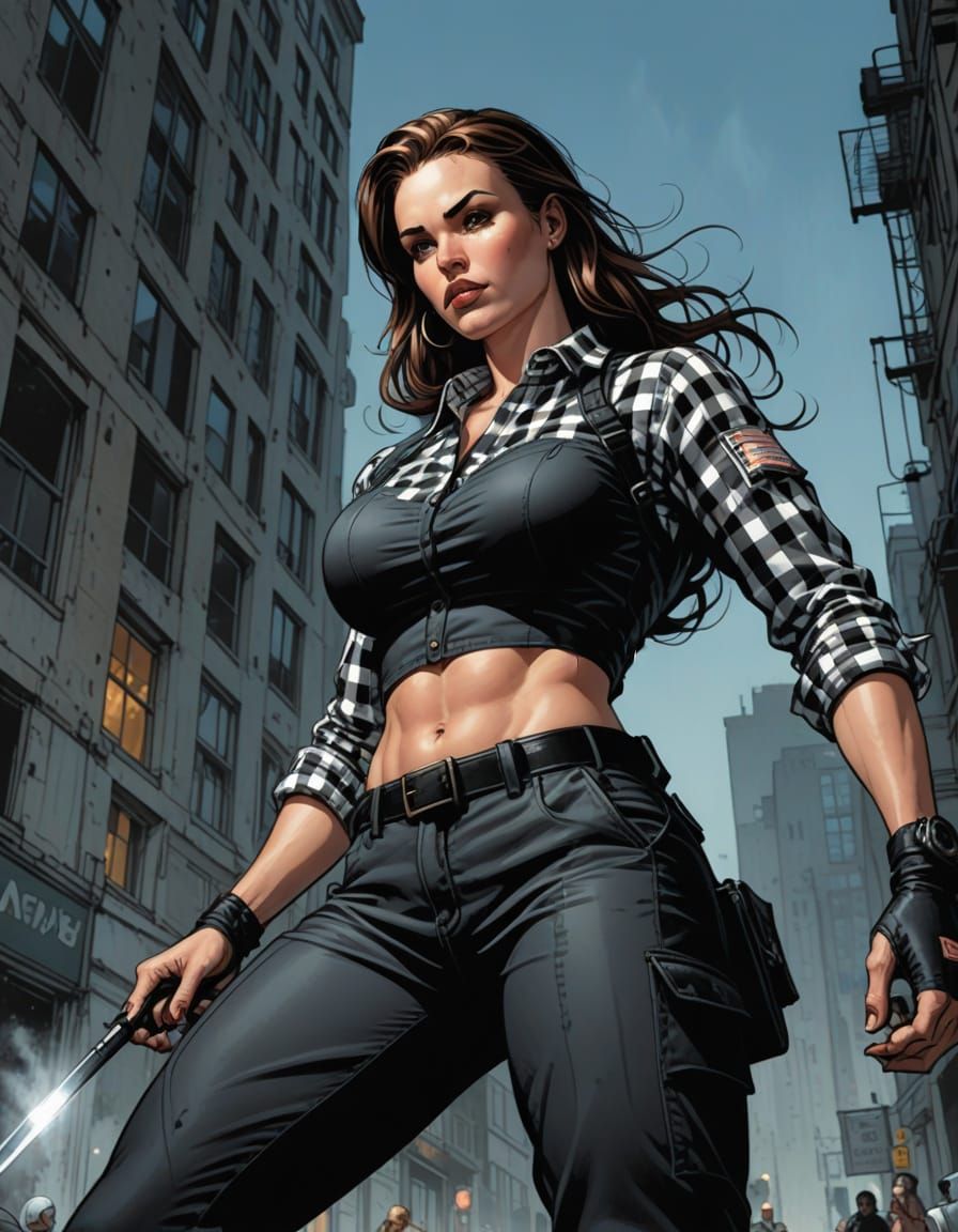 Athletic Woman in Gingham Shirt and Cargo Pants in Comic Boo...