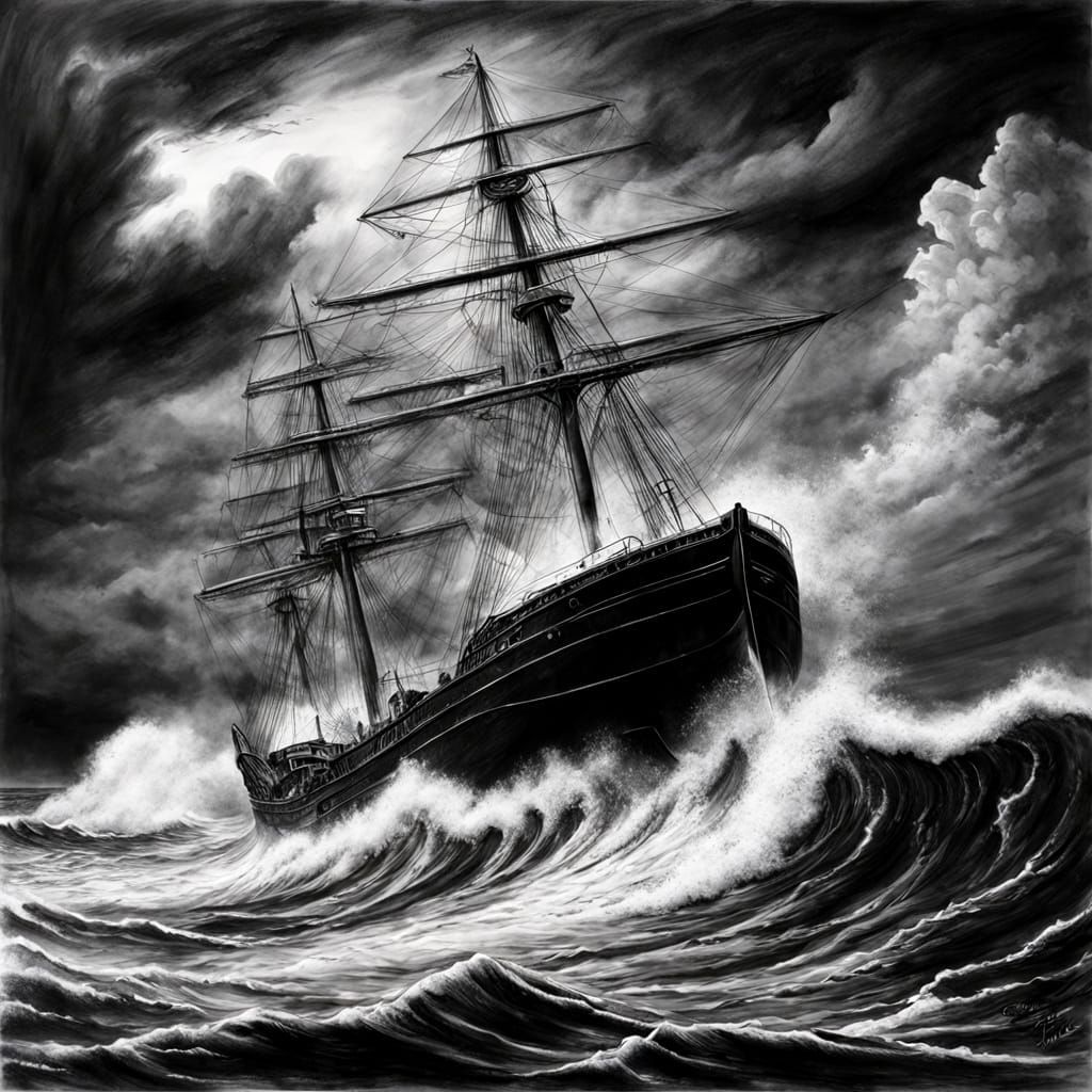 Hyperrealistic Stormy Seas Charcoal Masterpiece