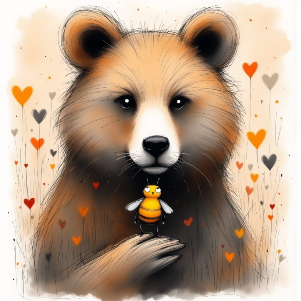 Cartoony Bear with Bee on Finger, Hearts