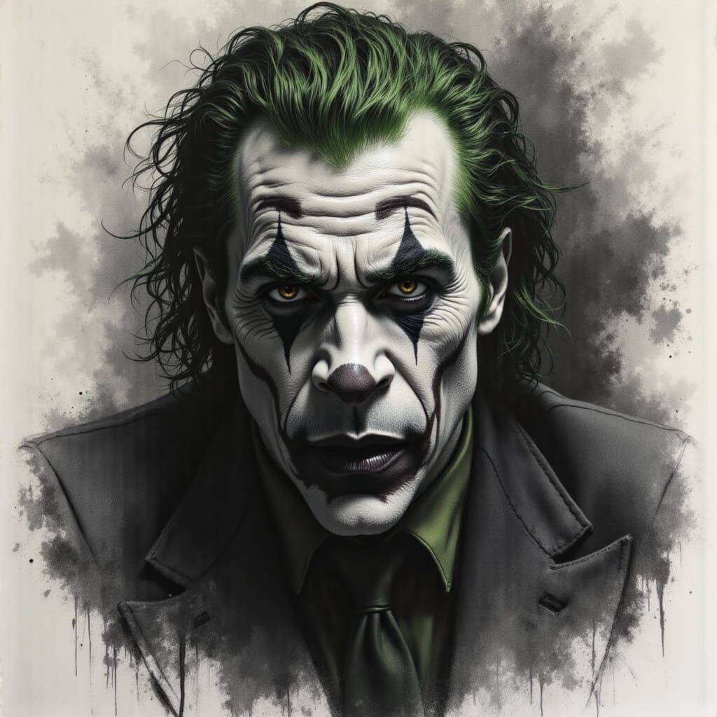 Monochrome Charcoal Painting of Joker with Green Hair