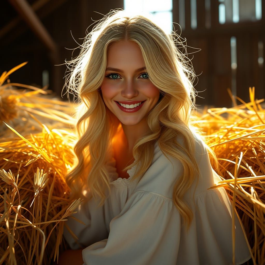 Radiant Maiden Emerges from Haystack in a Sunlit Barn