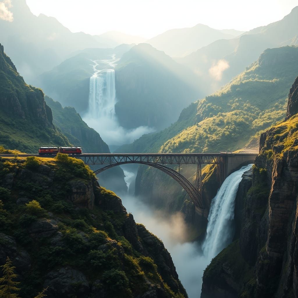 Rugged Mountain Range with Waterfall and Train Bridge