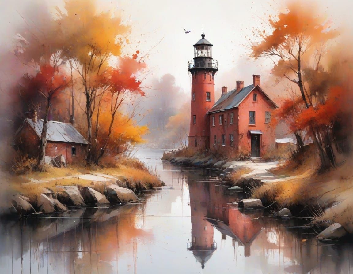 Mystical Autumn Harbor Scene in Watercolor Style