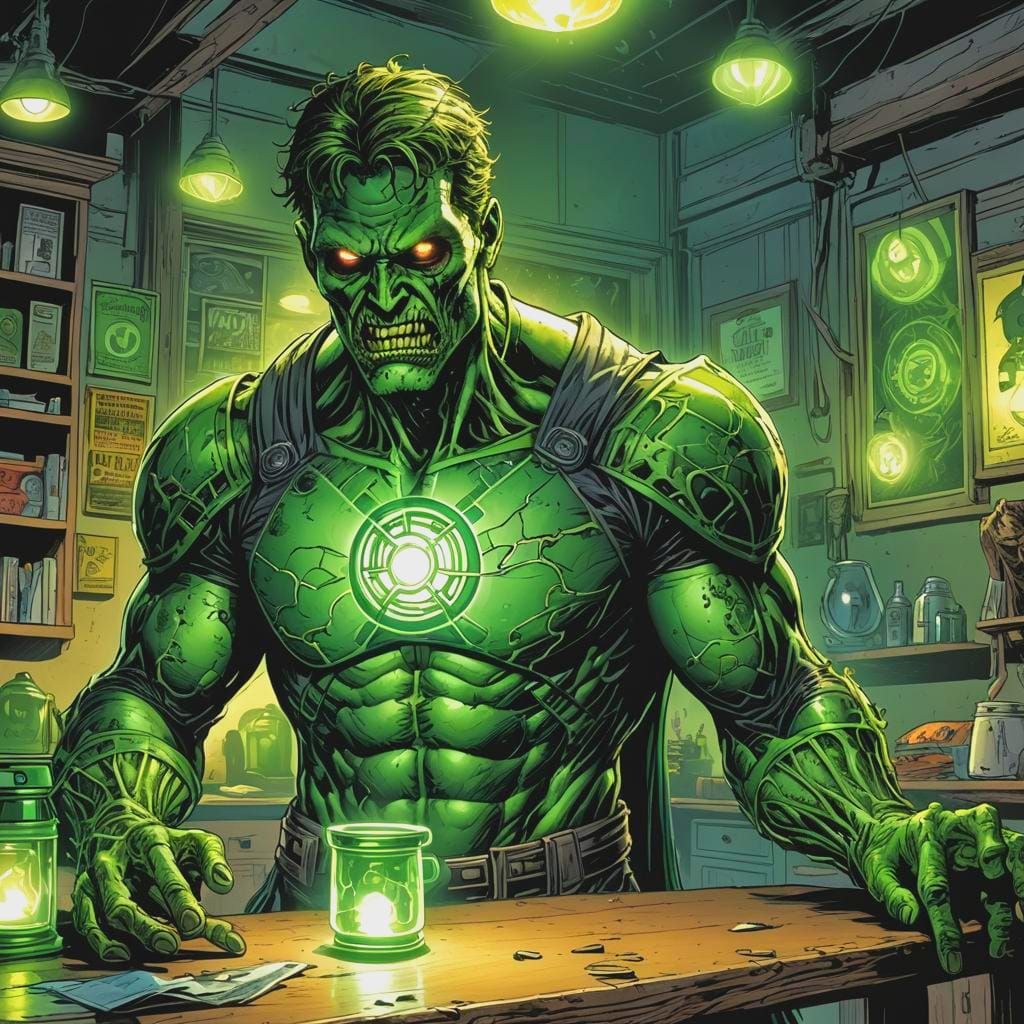 Zombie Superhero with Green Lantern Comic Art