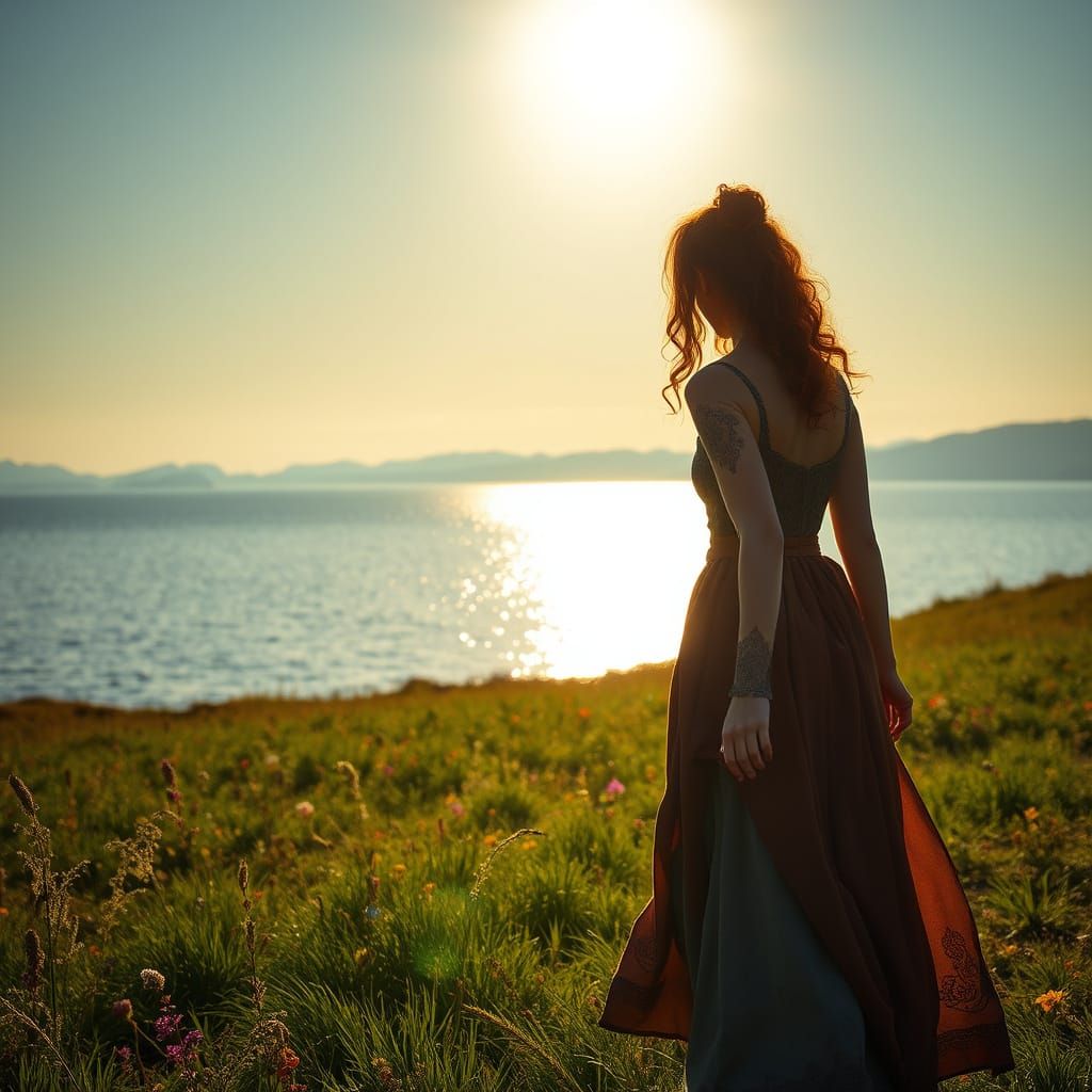 Celtic Woman in Meadow, Dreamy Ethereal Landscape