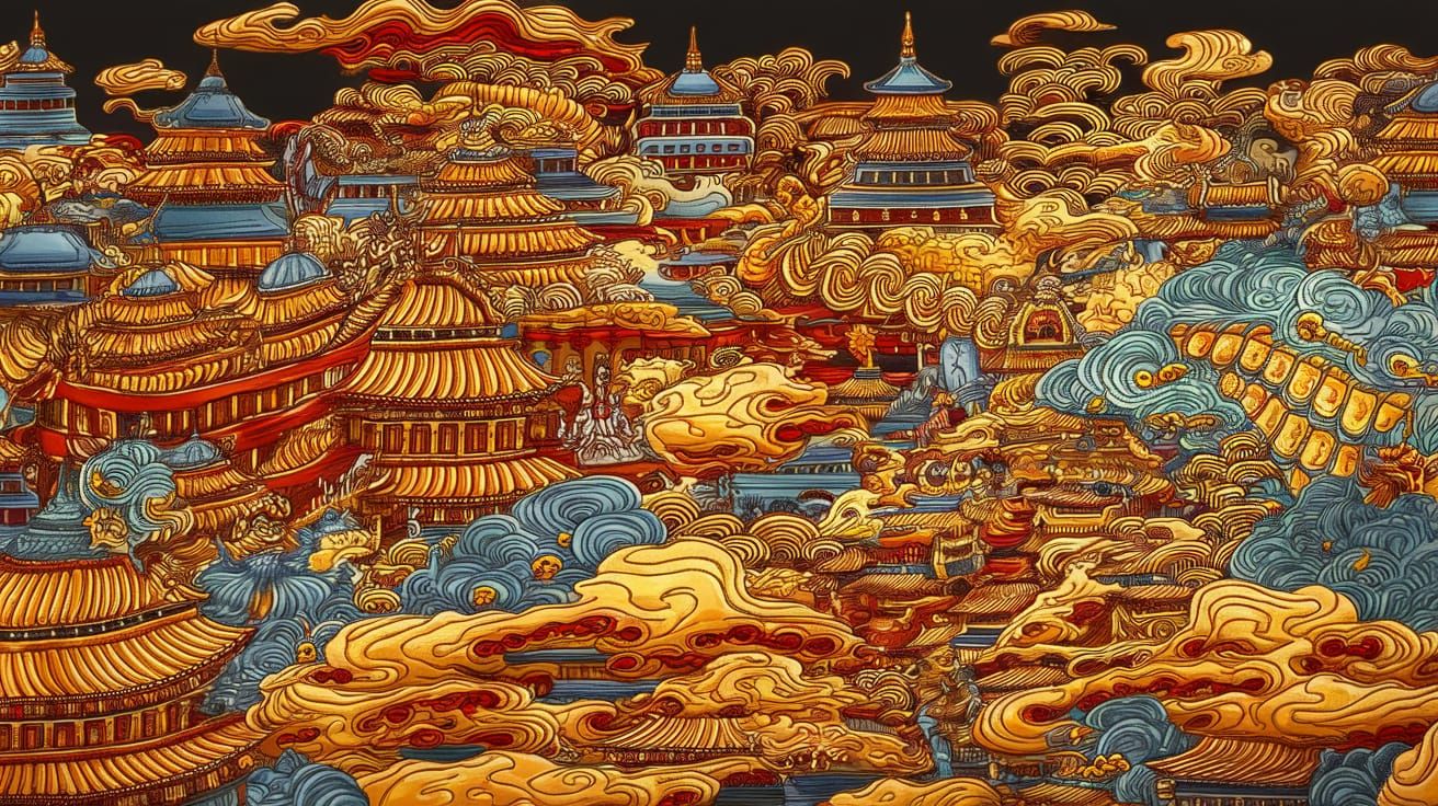 Eastern Dynasty Doodle Art in Vibrant Hues