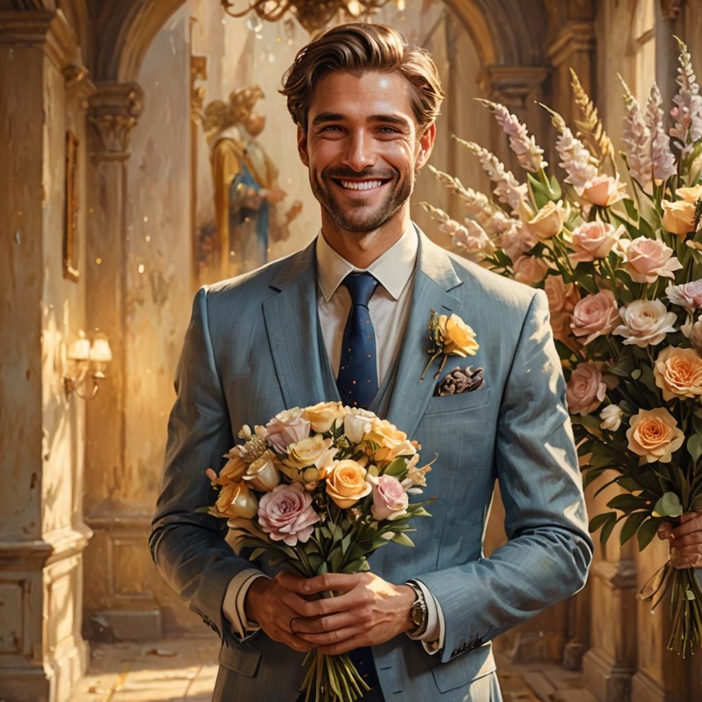 Handsome Man Holding Flowers in Romantic Realism