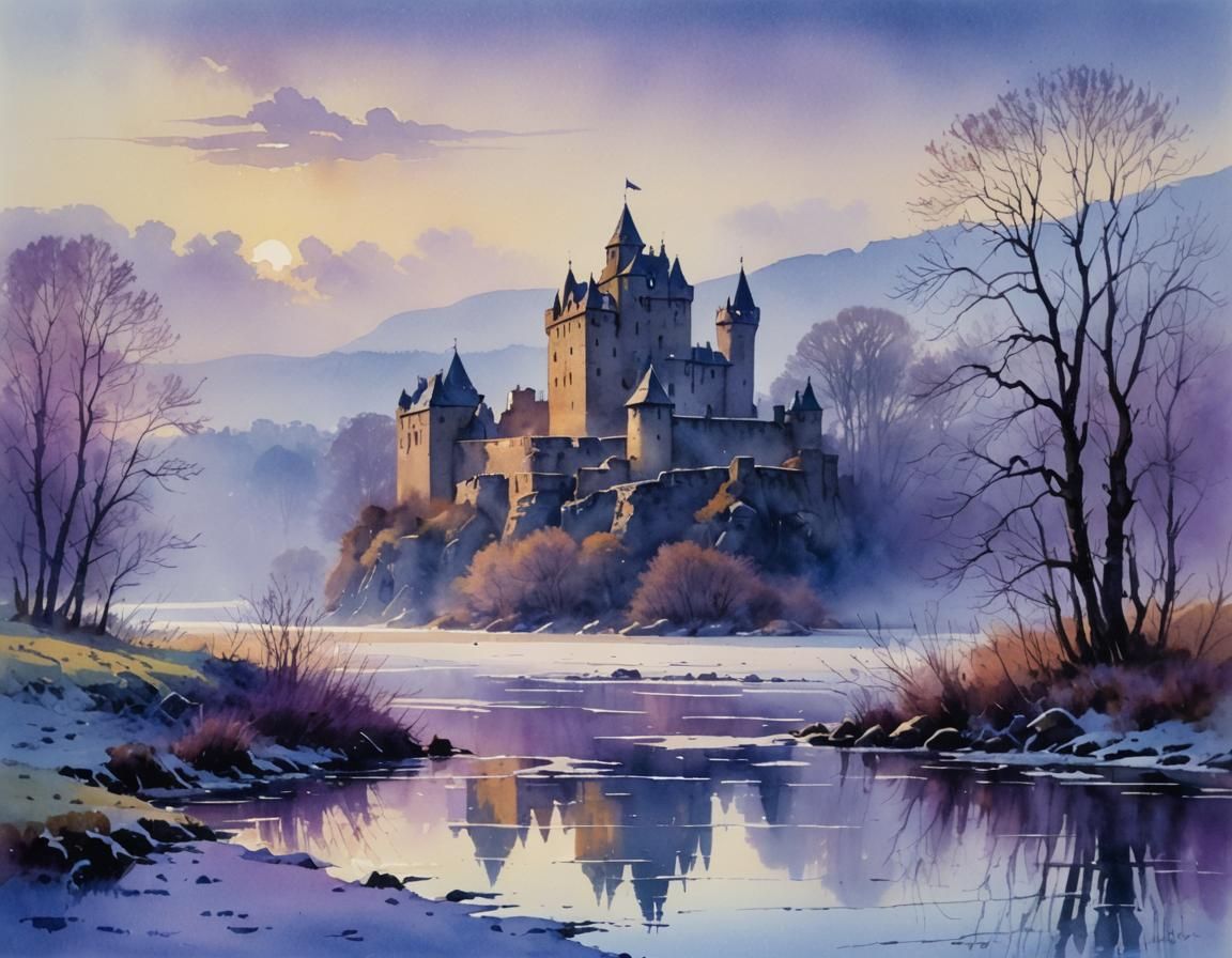 Castle Ruins in Icy Morning Mist: Watercolor