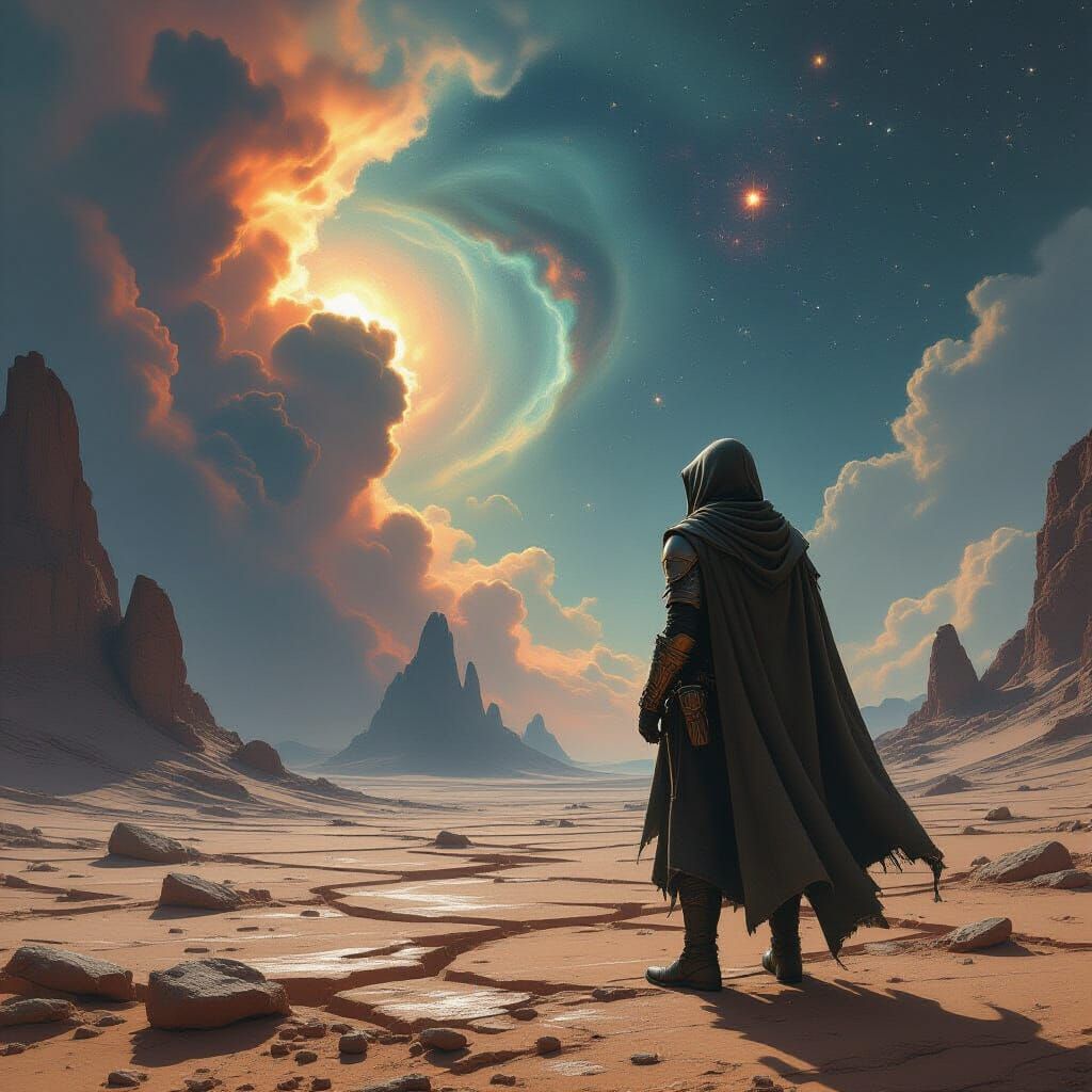 Cloaked Rogue on Alien Planet in Sci-Fi Style