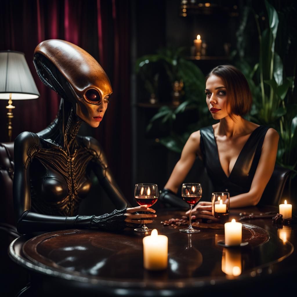 Xenomorph Alien and Lady Dining in Luxury