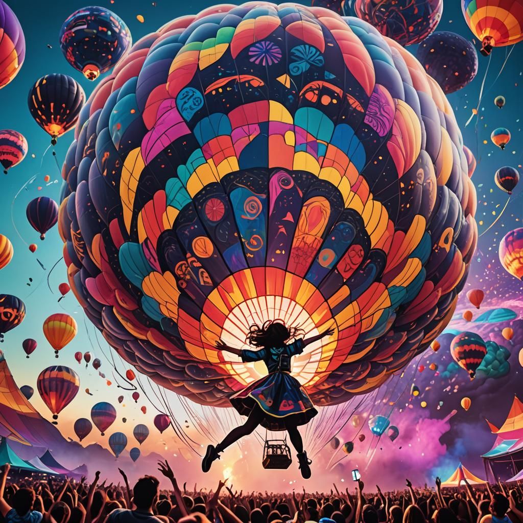 Woman Soaring Over Electronic Music Festival