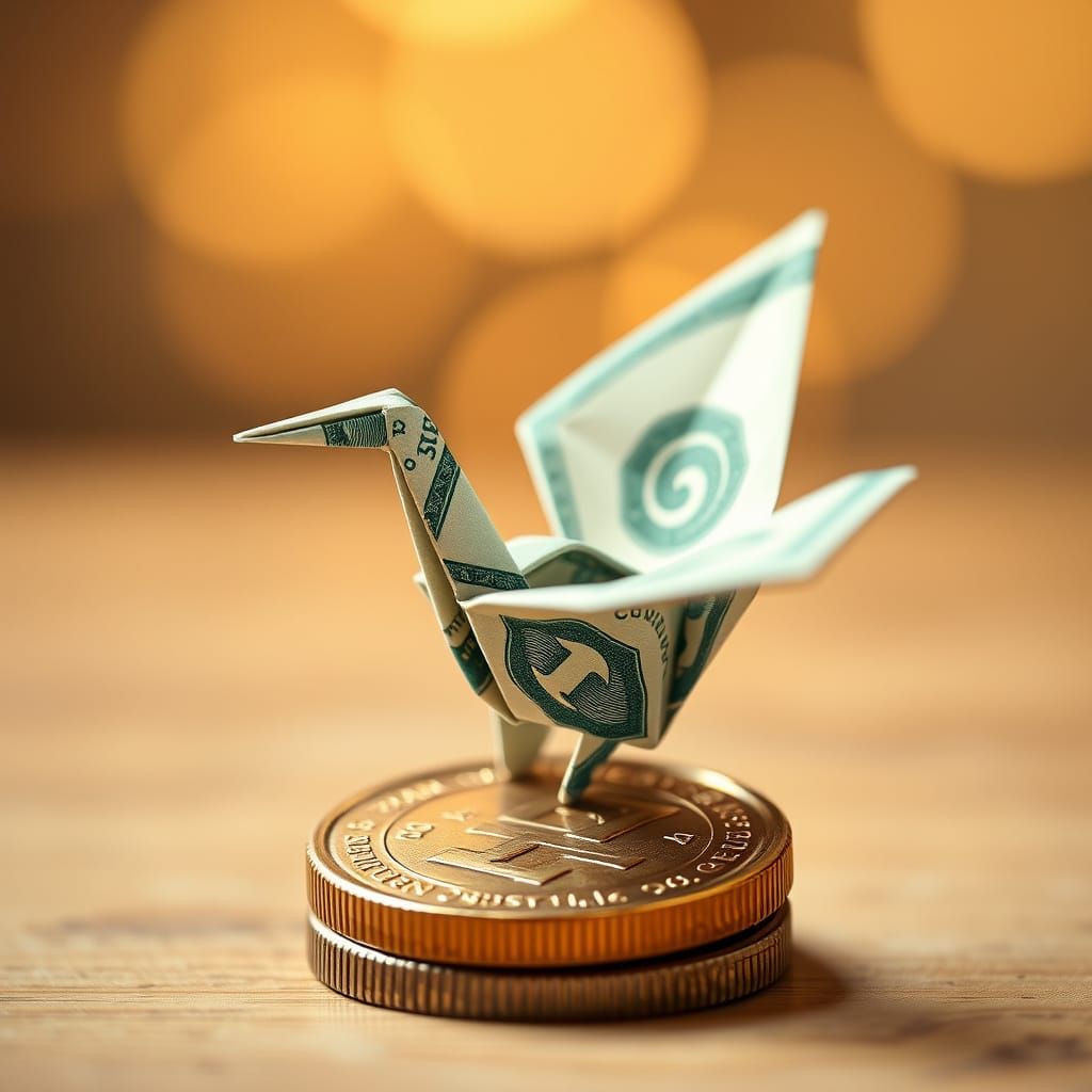 Origami Dollar Crane on Gold Coin, Soft Bokeh Background
