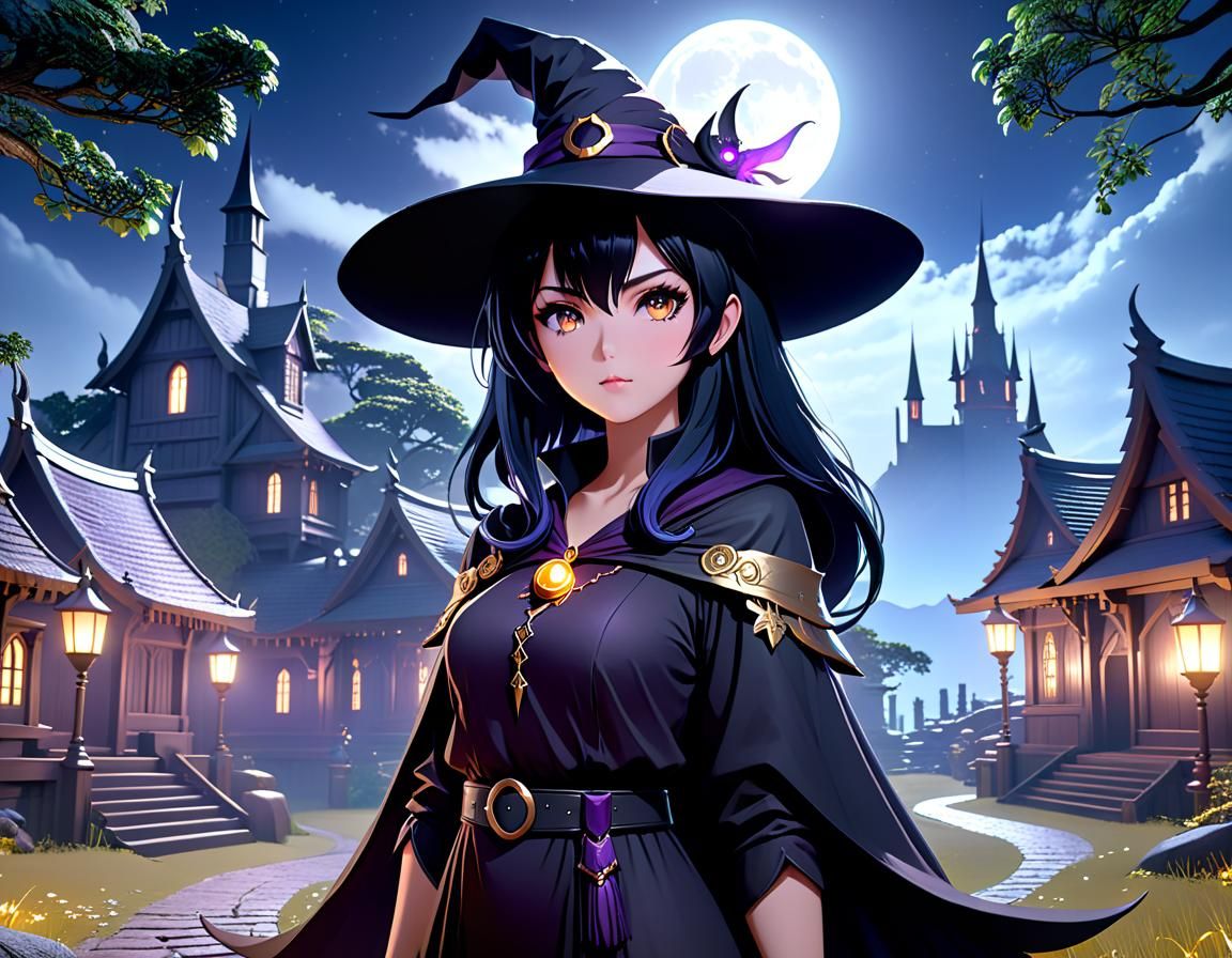 Anime Witch Under Moonlight: Fantasy Concept Art