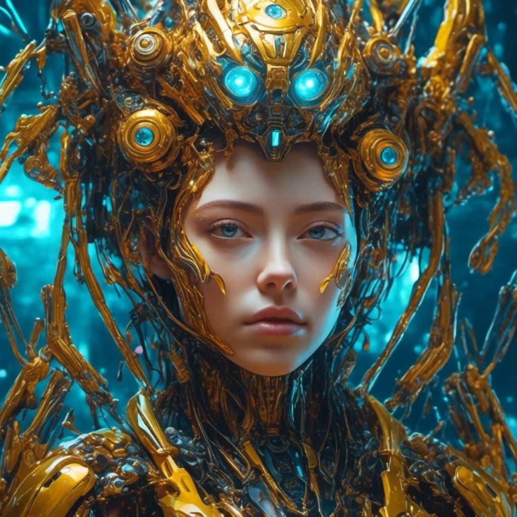 Hyperrealistic Robot Girl with Men in Splash Art Style