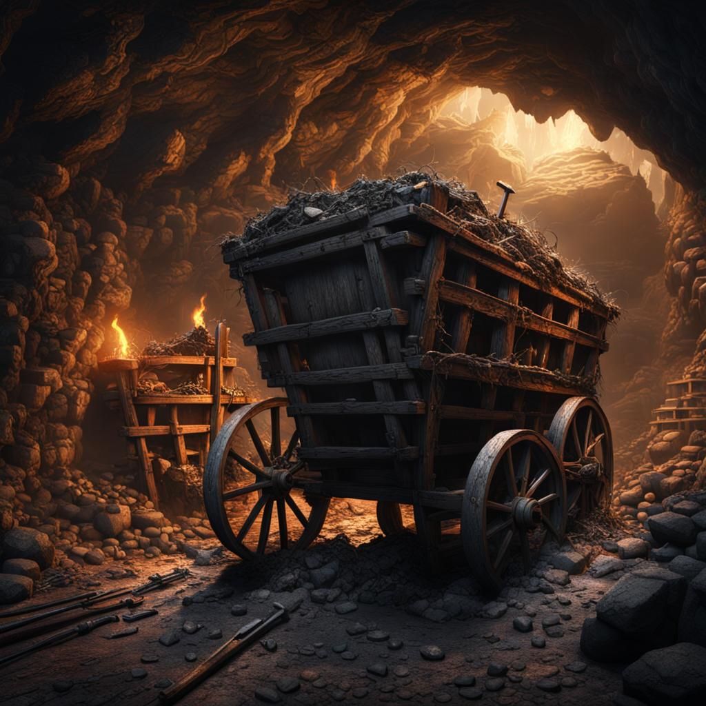 Medieval Mining Cave with Old Cart in Digital Painting