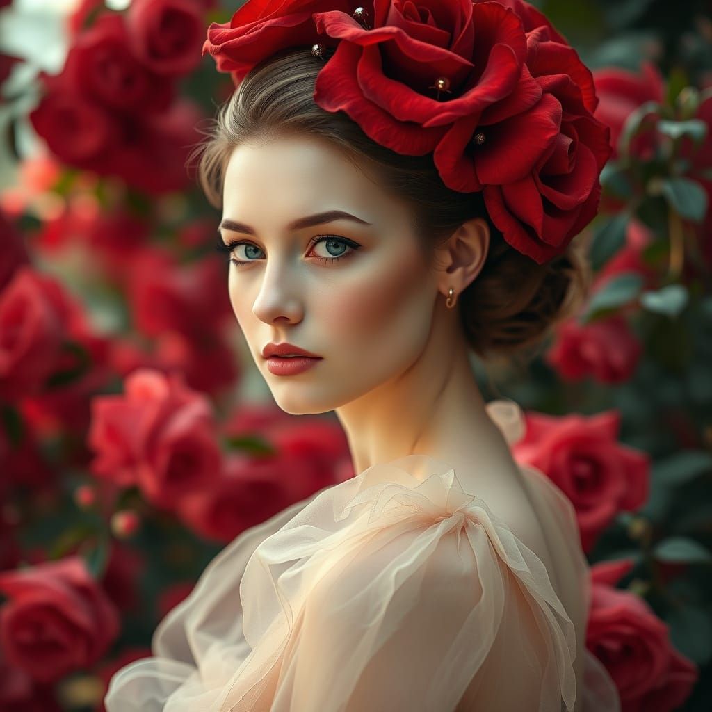 Ethereal Goddess in Red Rose Crowned Glory