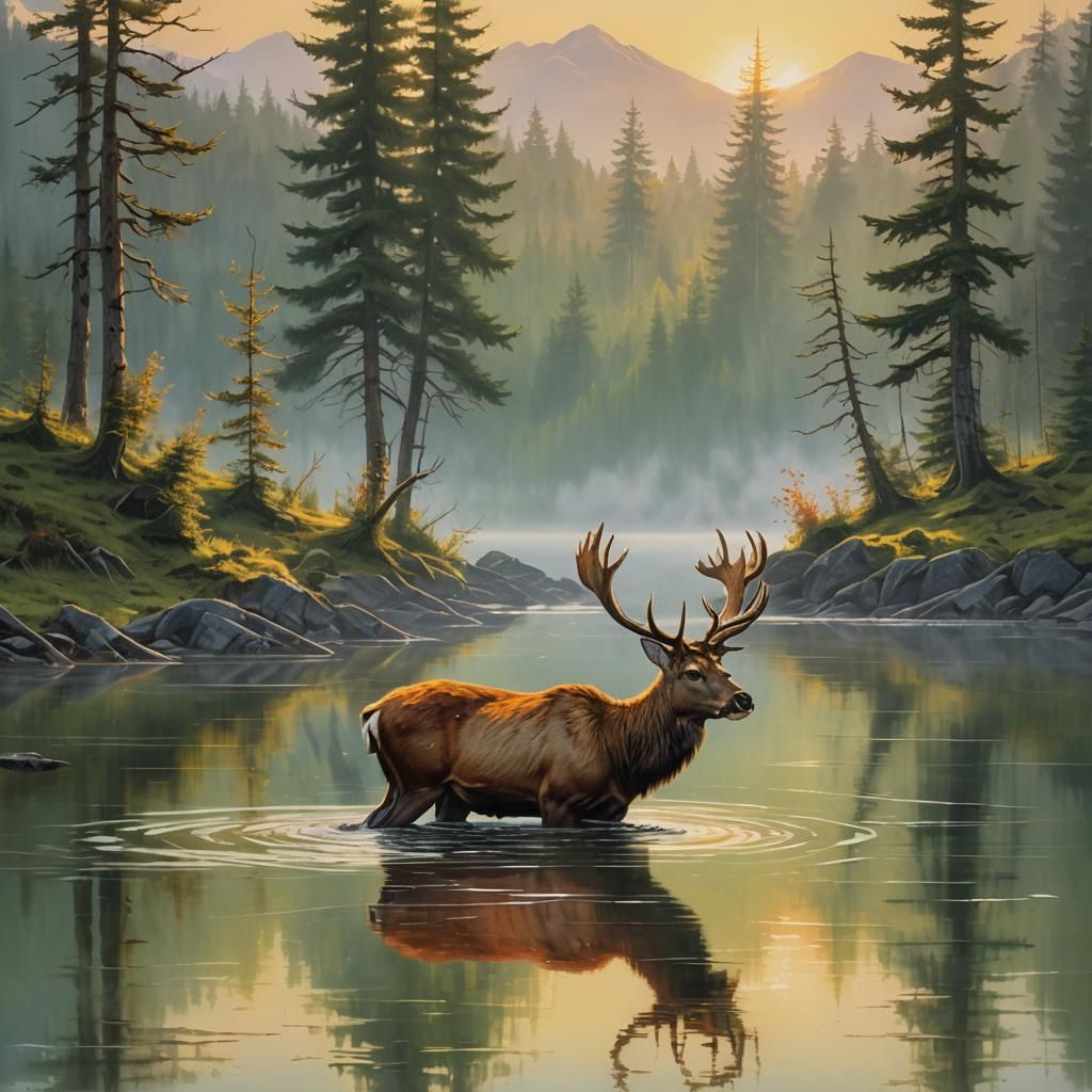 Red Deer at Sunrise in Fichtel Mountains, Oil Painting