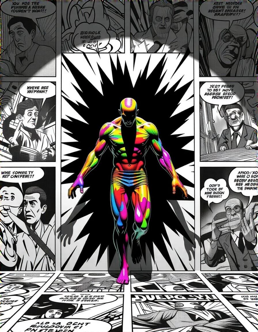 Photorealistic Figure Emerges from Comic Strip