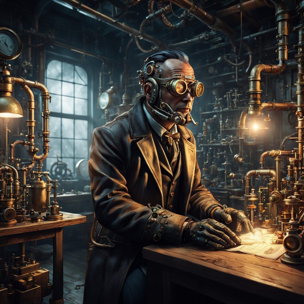 Steampunk Scientist in Brass-Buttoned Lab Coat, Surrounded b...