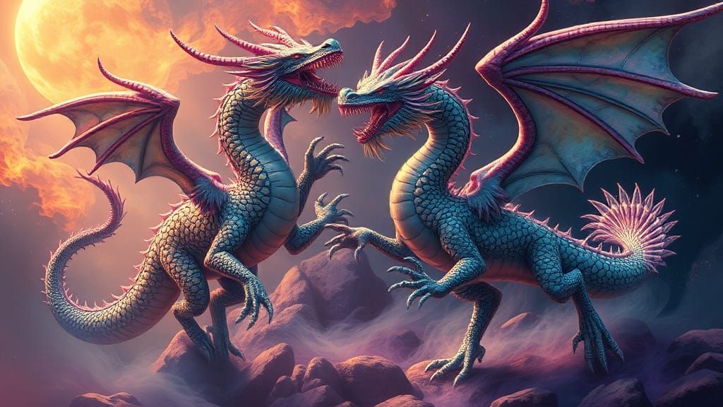 Mystical Dancing Dragons in a Dreamlike Realm