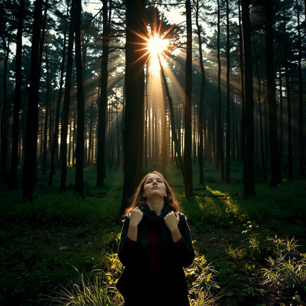 Ethereal Forest Scene with Woman and God Rays