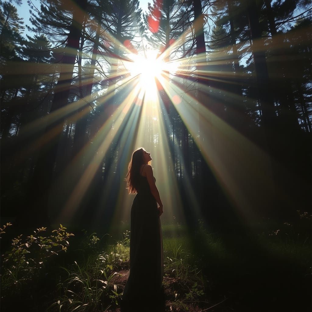 Woman in Forest with Crepuscular Lighting
