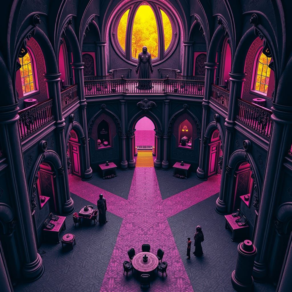 Dark Fantasy Demon Lord Lair in Gothic Linocut Style